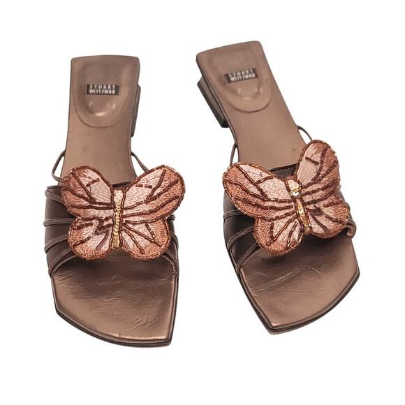 Vintage Stuart Weitzman Butterfly Beaded Sandals Size 7 A Bronze Low Block Heel - Picture 1 of 5